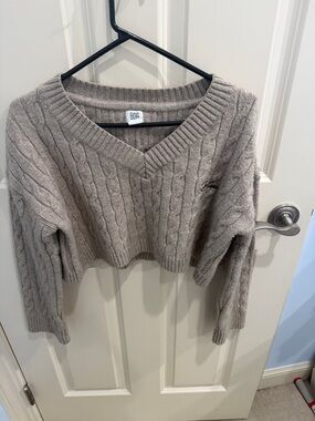 BDG Taupe Cable V-Neck Cropped Sweater